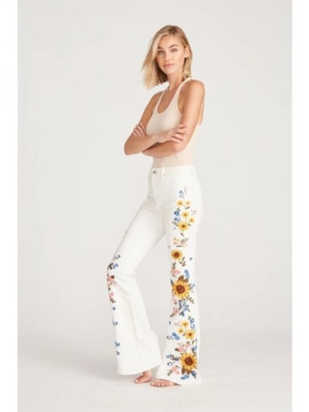 RARE Free People Driftwood Farrah Flare - White Sunflower Jeans Wo Size 27 $178